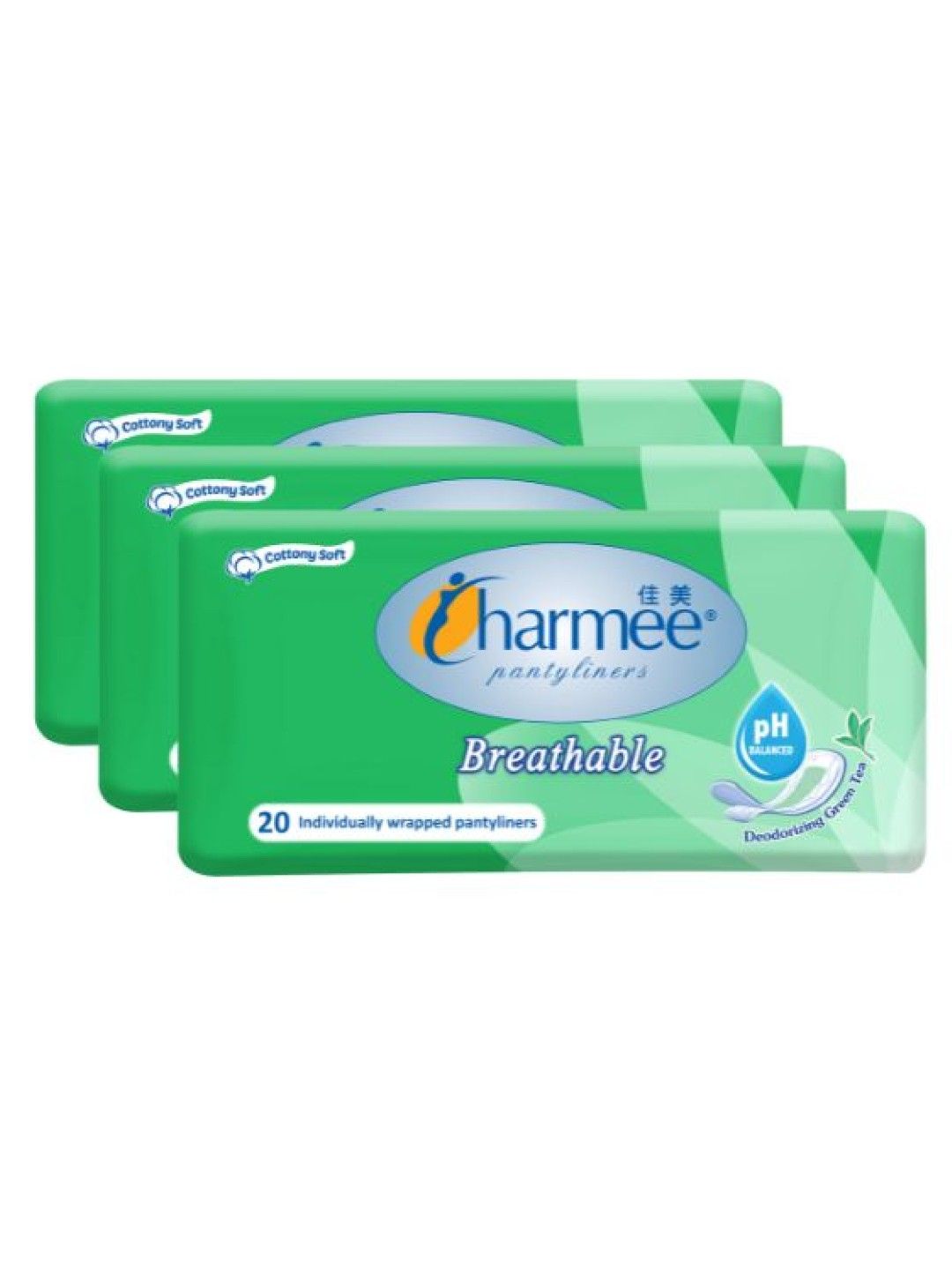 Charmee Breathable Deodorizing Green Tea Pantyliner 20's (3-pack) (No Color- Image 1)