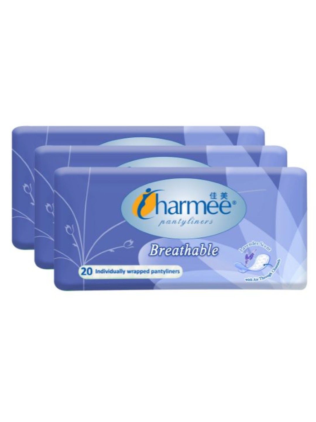 Charmee Breathable Lavender Pantyliner 20's (3-pack) (No Color- Image 1)