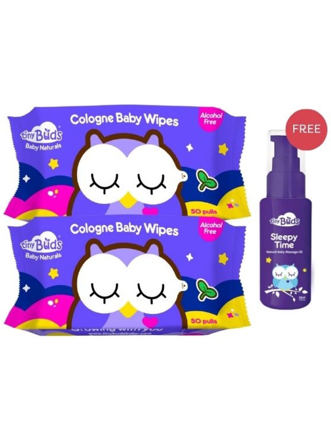 Tiny Buds [Bundle of 2] Cologne Baby Wipes (50s) with FREE Sleepy Time Massage Oil (50ml) (No Color- Image 1)