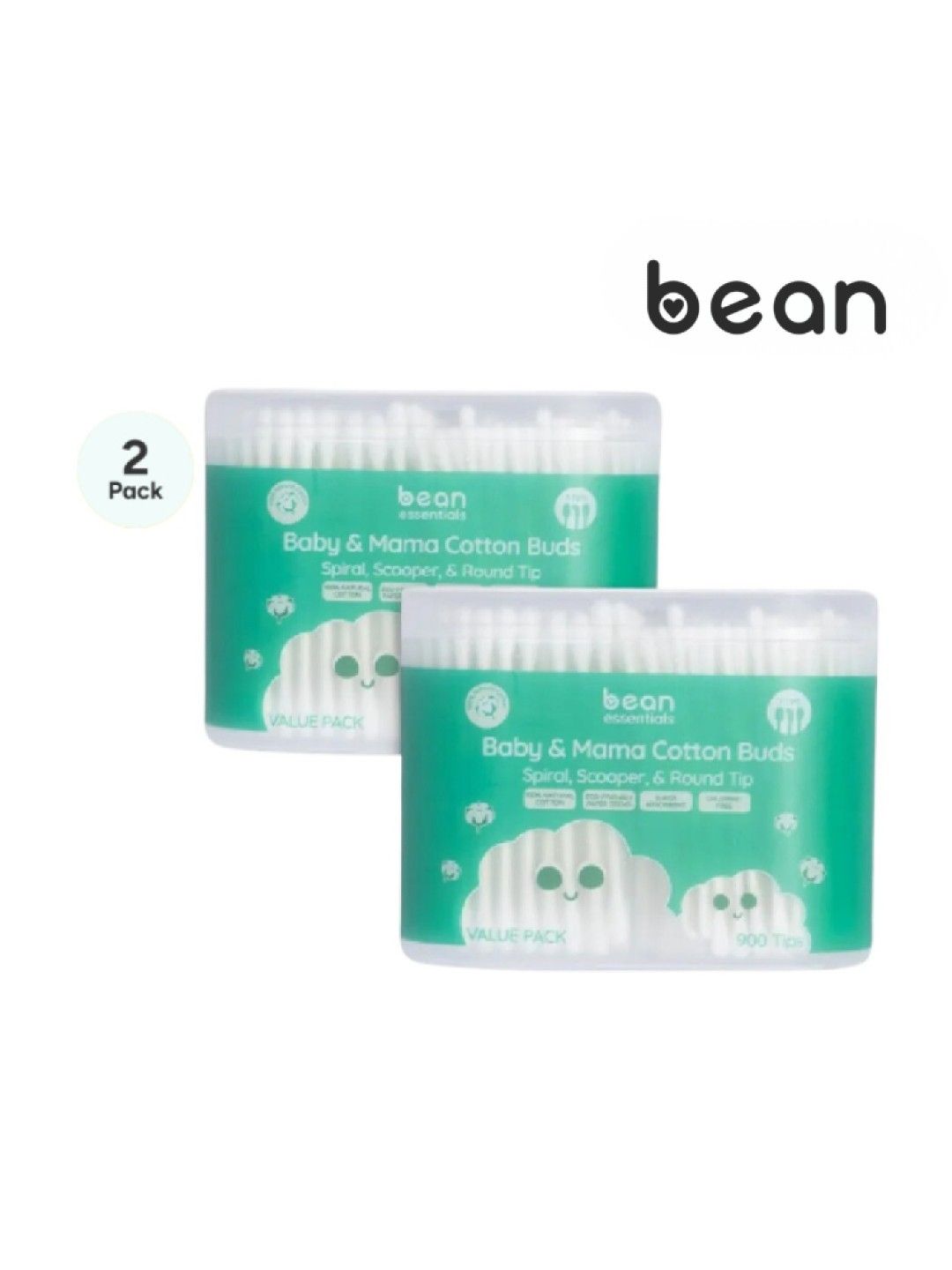 bean [Bundle of 2] Family Value Pack Cotton buds (3 Tip Types, 900 tips) (No Color- Image 1)