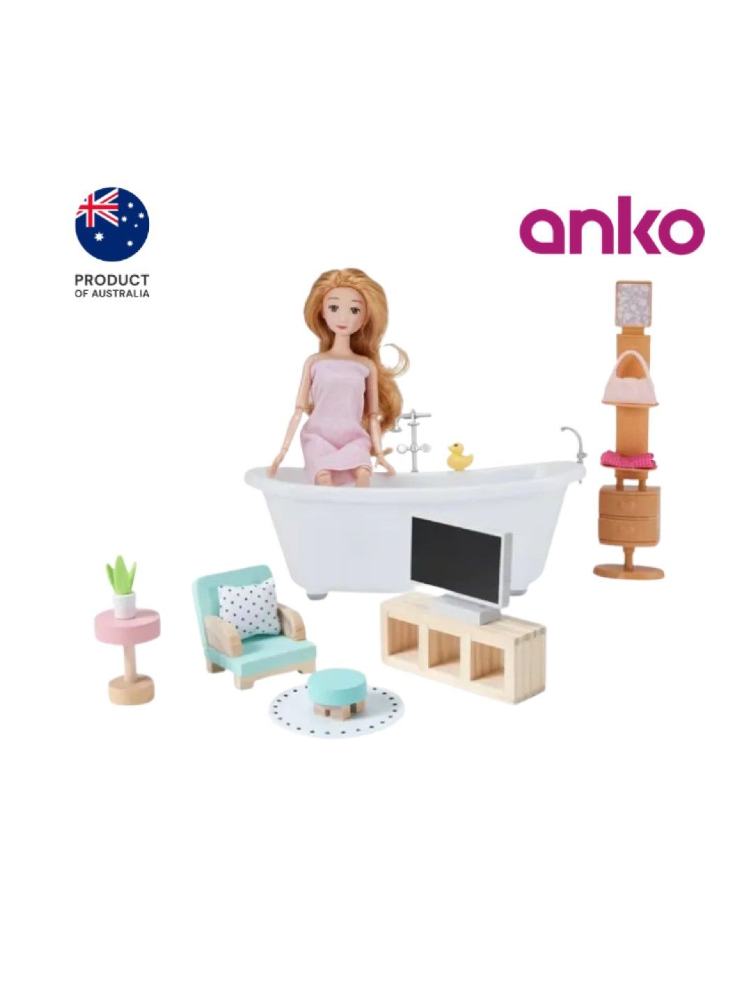 Anko [Bundle of 2] Wooden Doll House Furniture Set + Spa Fashion Doll Playset (18pcs)