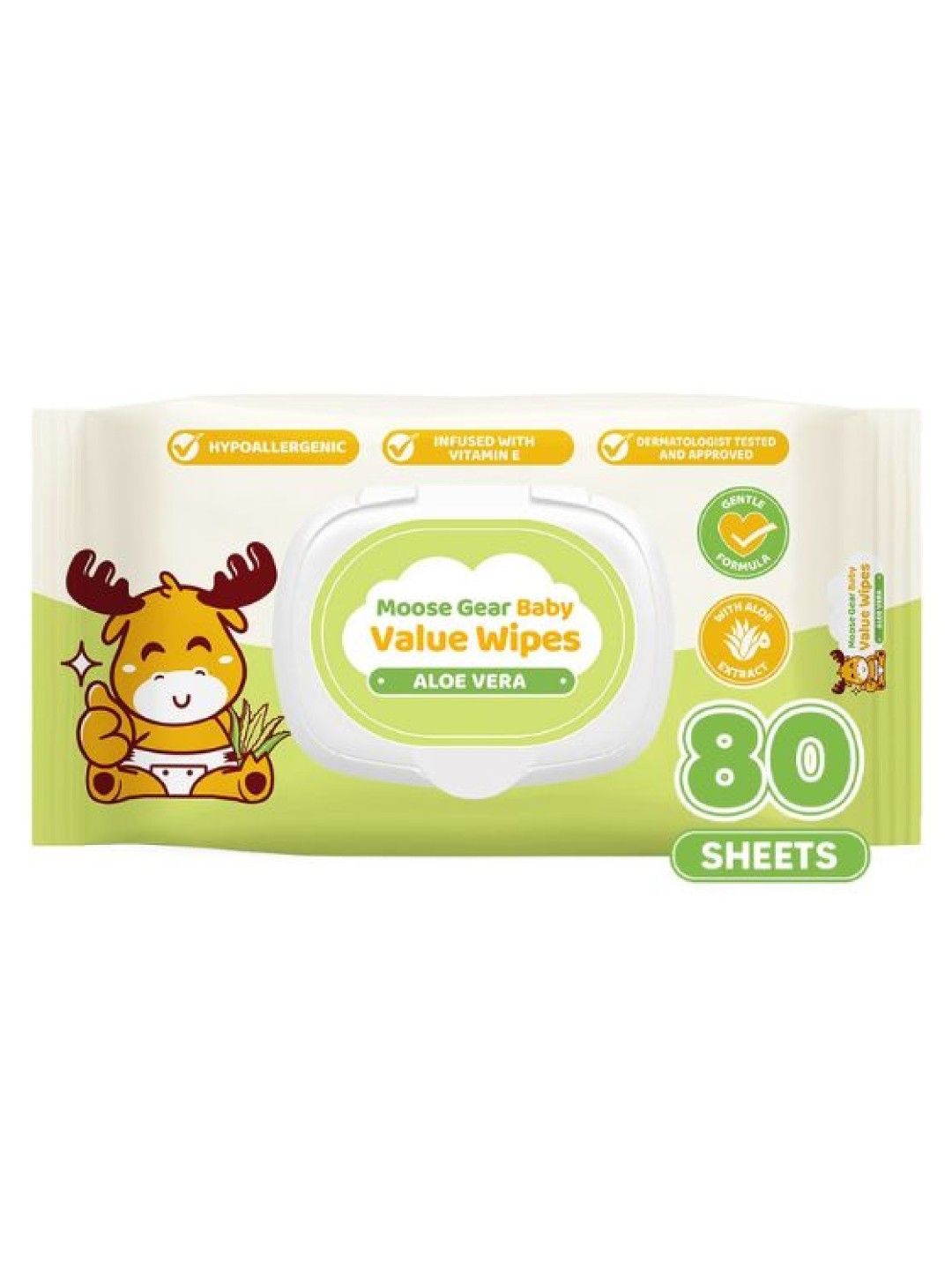 Moose Gear Baby Value Wipes (Aloe Vera Scent) 80 Tender Sheets x1 Pack New Lite Wet Wipes (No Color- Image 1)