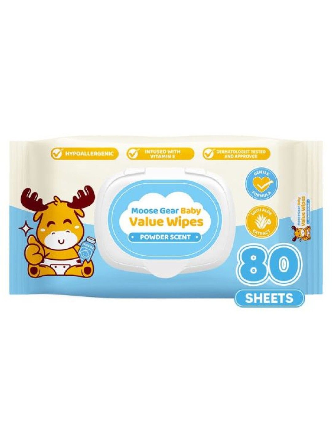 Moose Gear Baby Value Wipes (Powder Scent) 80 Tender Sheetsx1 Pack New Lite Wet Wipes for Babies (No Color- Image 1)