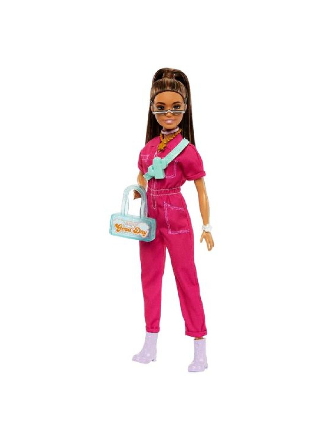 Barbie Brown Hair High Ponytail in Trendy Pink Jumpsuit with Storytelling Accessories (No Color- Image 1)