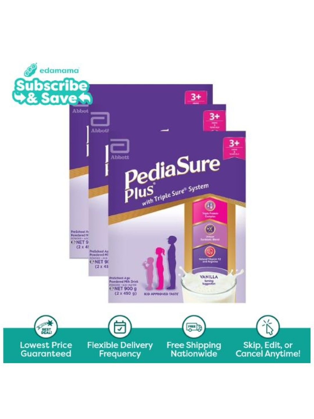 Pediasure Plus Vanilla For 3 Years Old & Above Bundle of 3 (900g) - Subscription