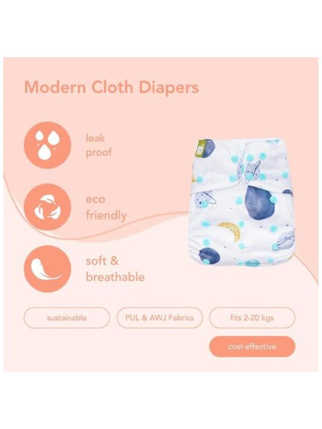 Meenie & Co. All In One Reusable Nappy Double Gusset (Spaces- Image 4)