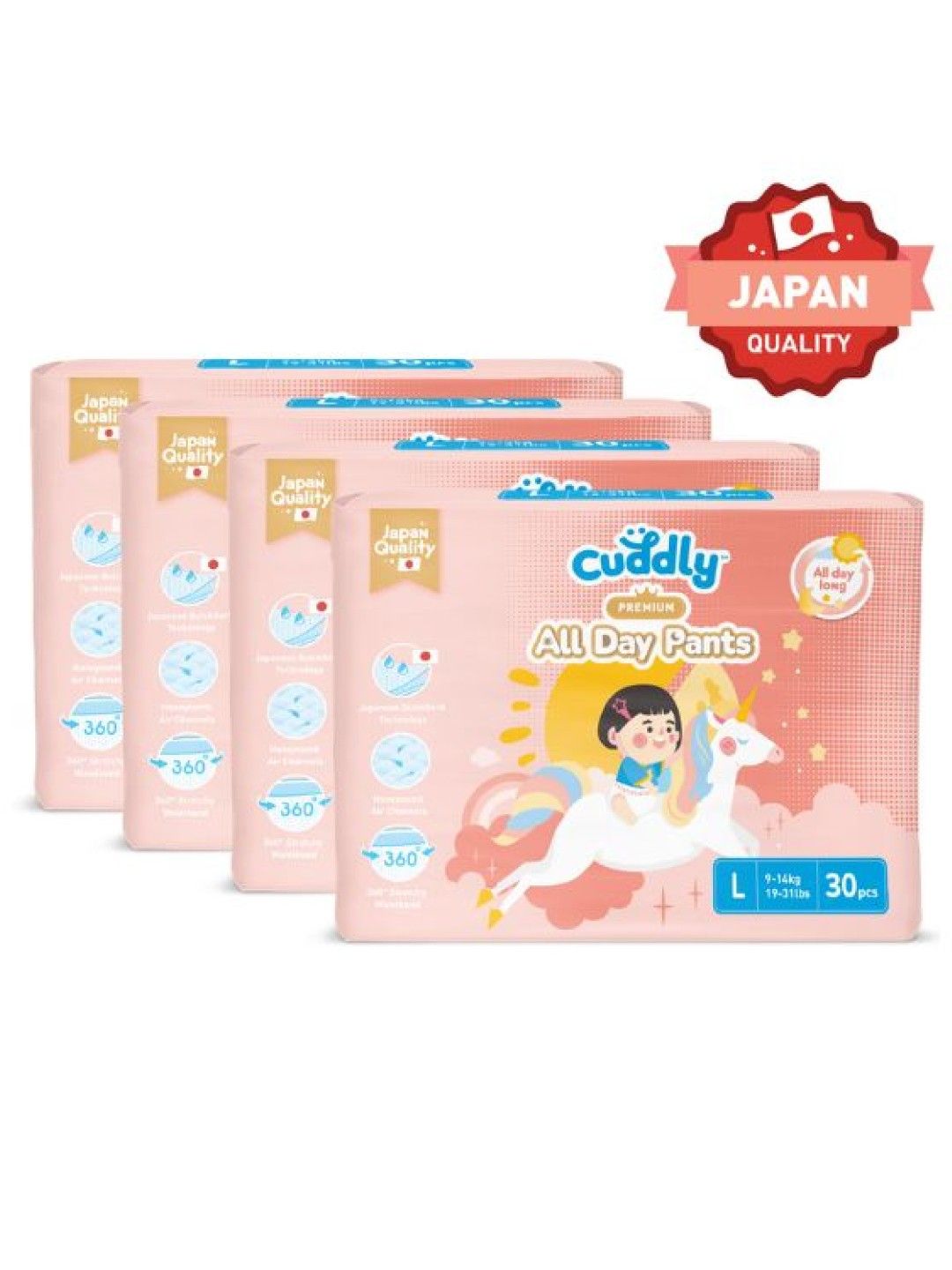 Cuddly All Day Overnight Premium Baby Pants Diaper Large 30 pcs x 4-Pack (120 pcs) (No Color- Image 1)
