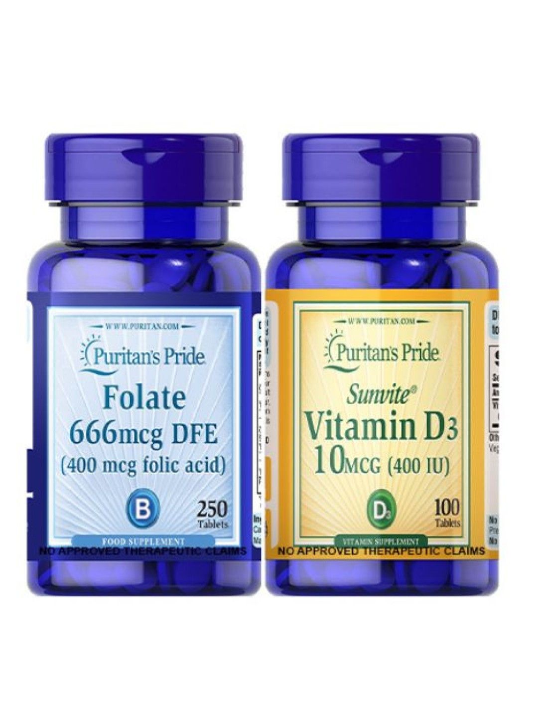 Puritan's Pride Folic Acid 400mcg + Vitamin D3 400iu 100 tablets Puritan's Pride Supplements