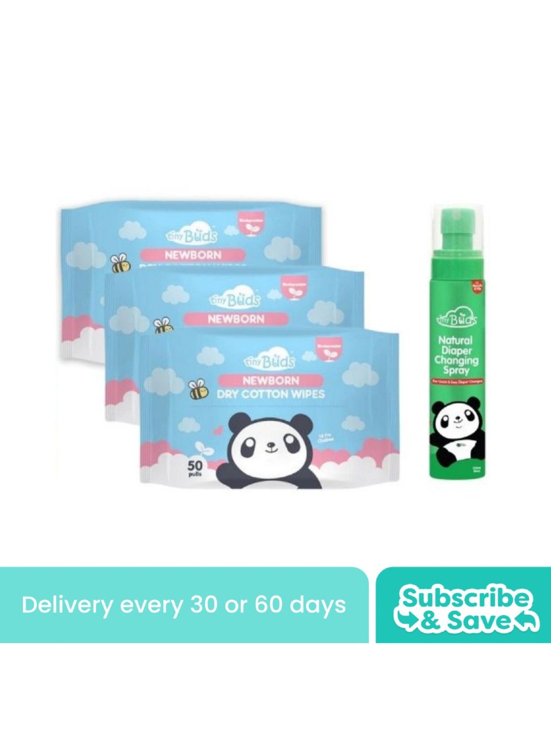 Tiny Buds Dry Cotton Wipes (50s) (3 Packs) + Diaper Changing Spray (120ml) - Subscription (No Color- Image 1)