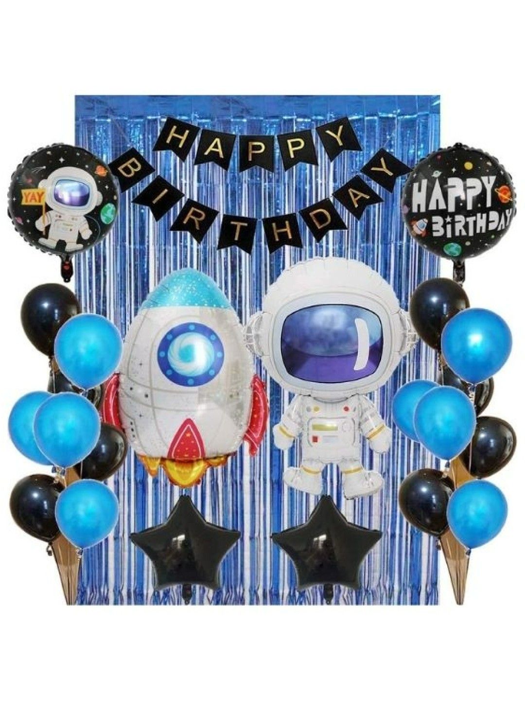 Party-Doh Outer Space Astronaut Balloon Set with Blue Foil Fringe Curtains