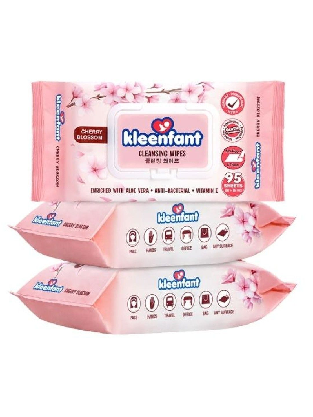Kleenfant Cherry Blossom Cleansing Wipes (95 Sheets) Pack of 3 (No Color- Image 1)