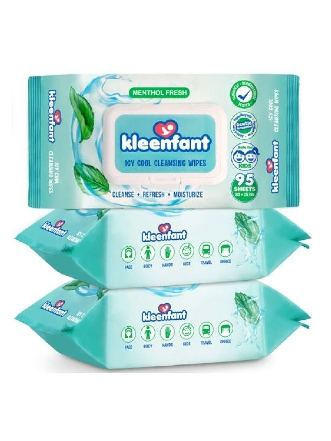 Kleenfant Menthol Fresh Icy Cool Cleansing Wipes (95 Sheets) Pack of 3 (No Color- Image 1)