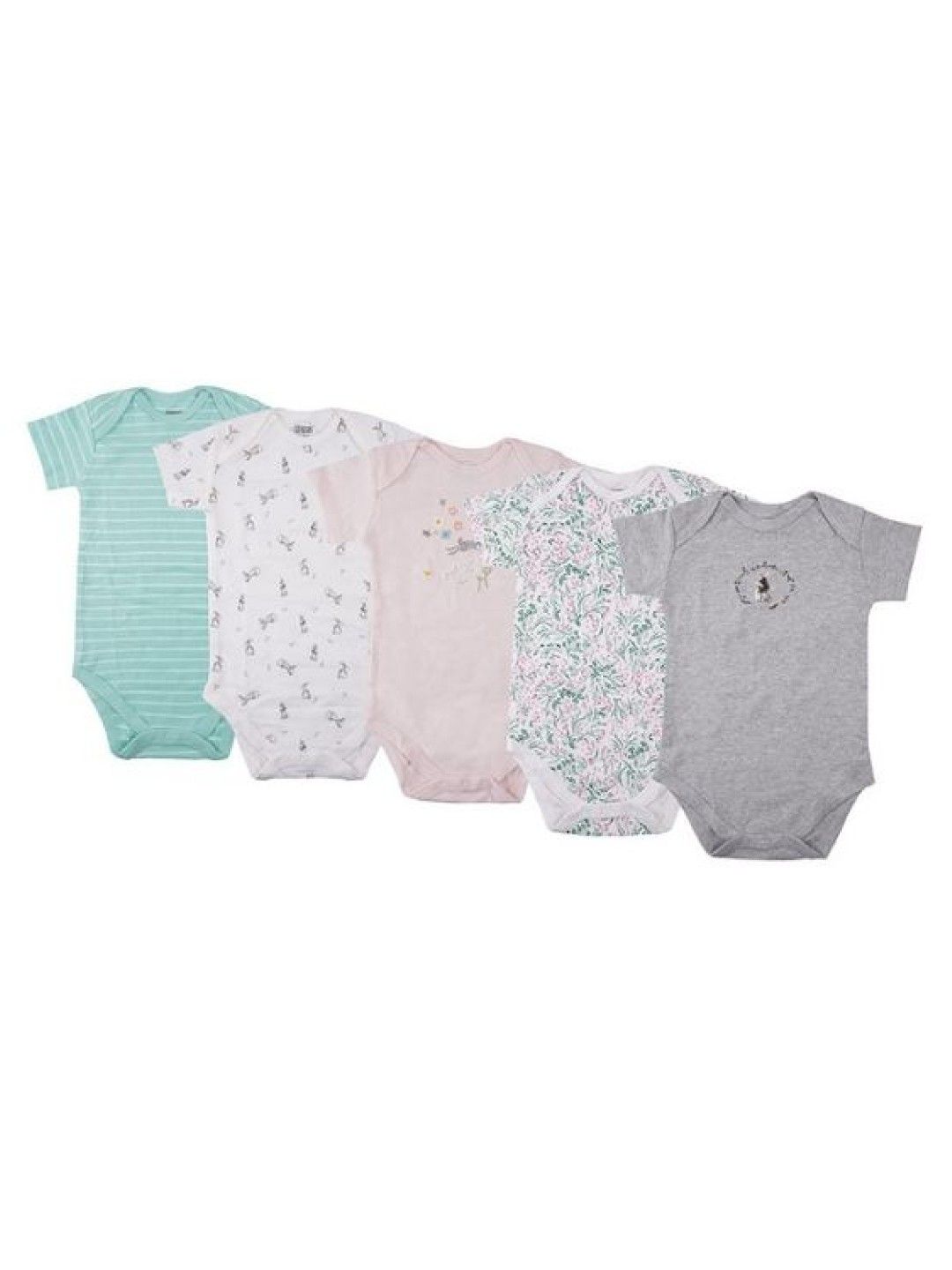 Cottonkind 5-Piece Set BabyGirl Solid/Printed Shortsleeve Onesies (Animals- Image 1)