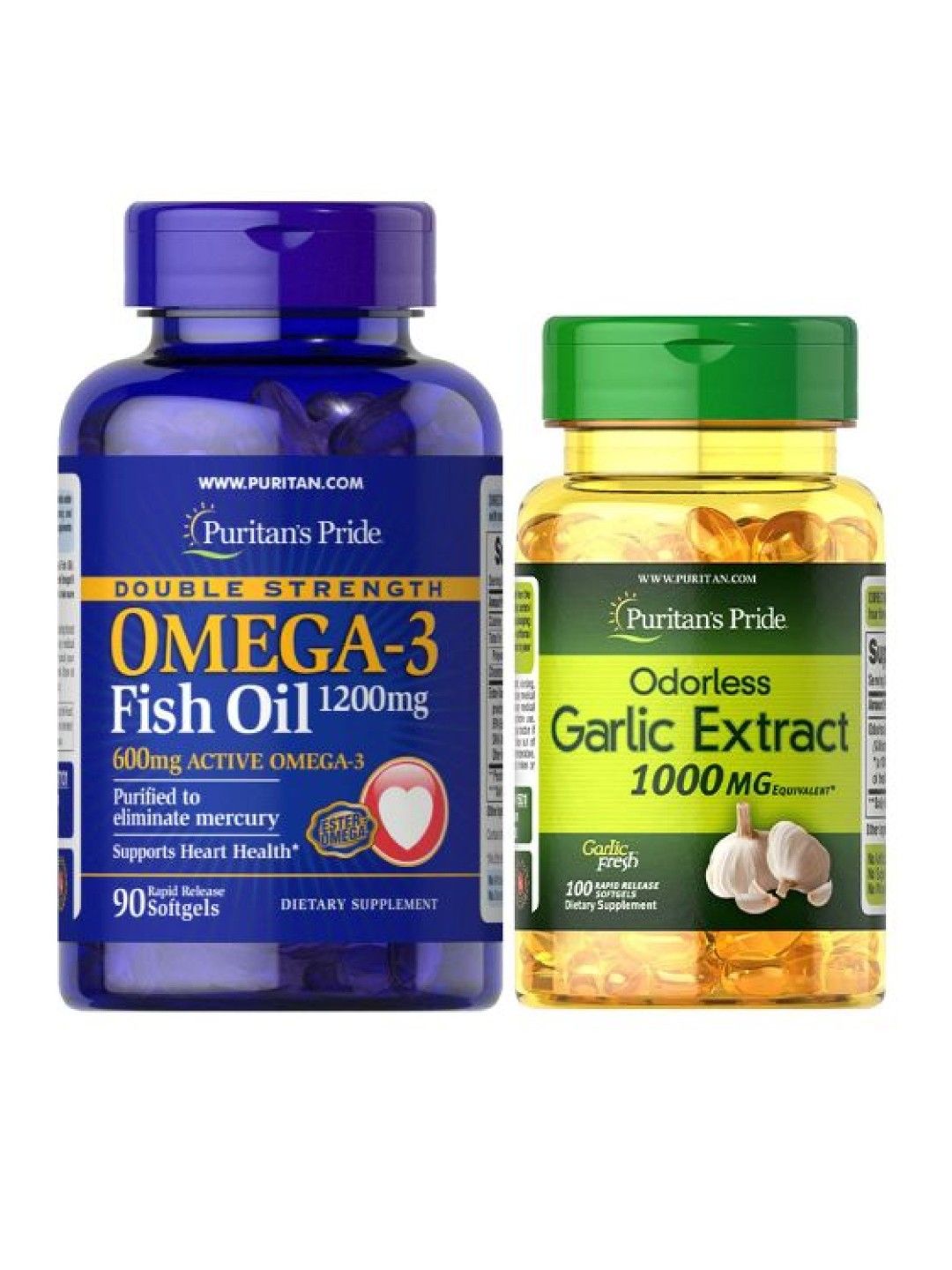 Puritan's Pride Heart Health Bundle (Fish Oil Omega 3 Double Strength + Odorless Garlic 1000mg) (No Color- Image 1)
