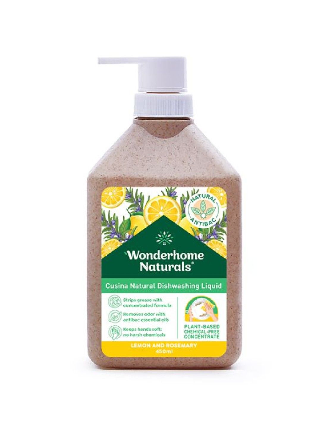 Wonderhome Naturals Cusina Natural Dishwashing Liquid (450ml) (Lemon and Rosemary- Image 1)