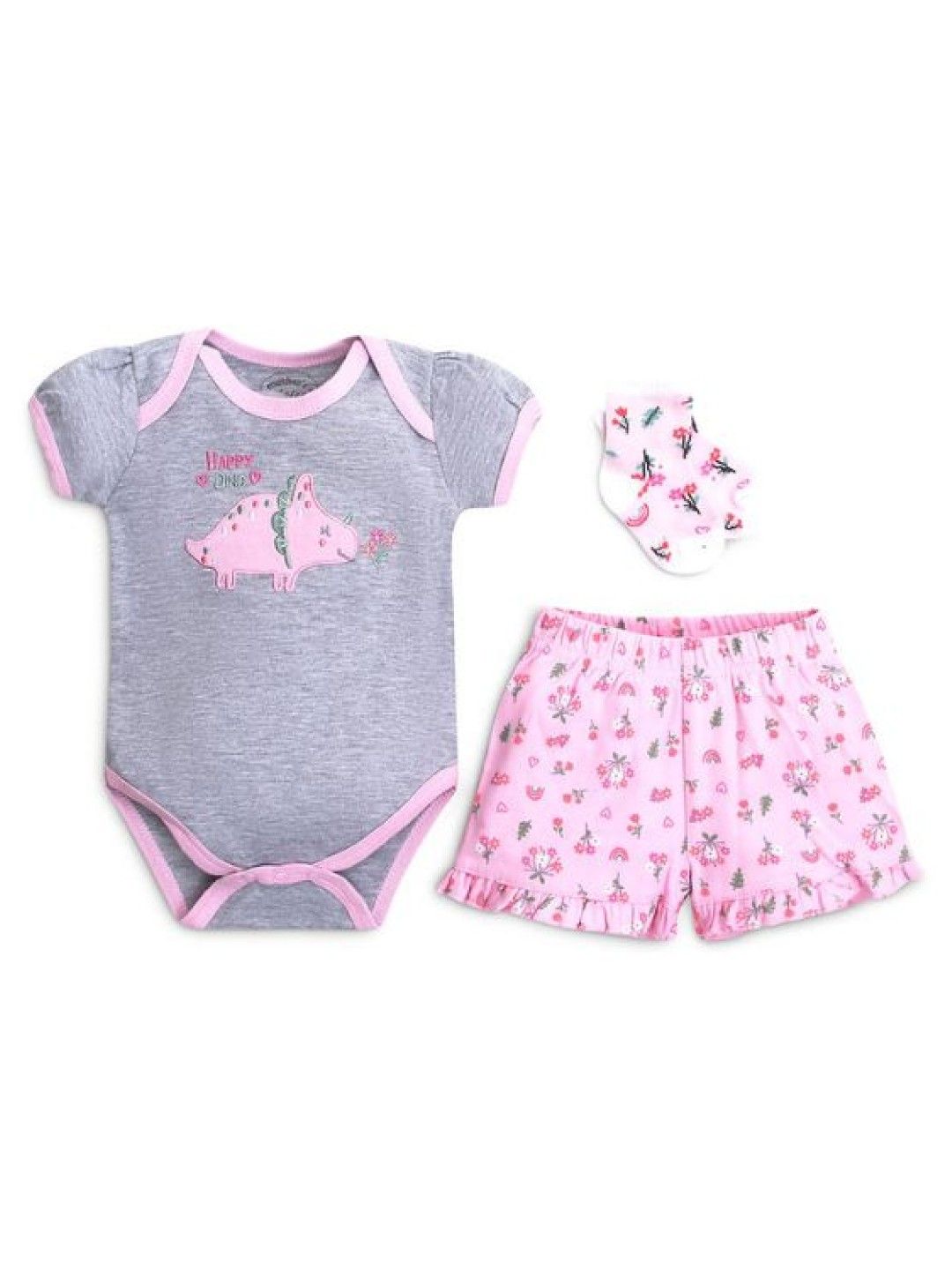 Mother's Choice 3 Pack Bodysuit, Shorts and Socks Set for Girls (Happy Dino- Image 1)