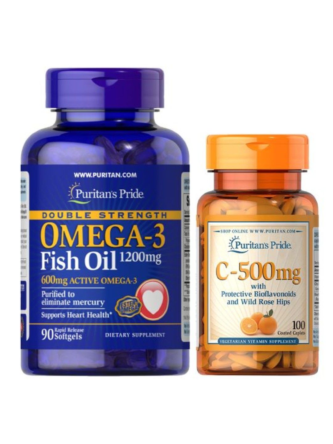 Puritan's Pride Better Stronger Bundle Fish Oil 1200mg Omega 3 Double Strength + Vitamin C 500mg (No Color- Image 1)
