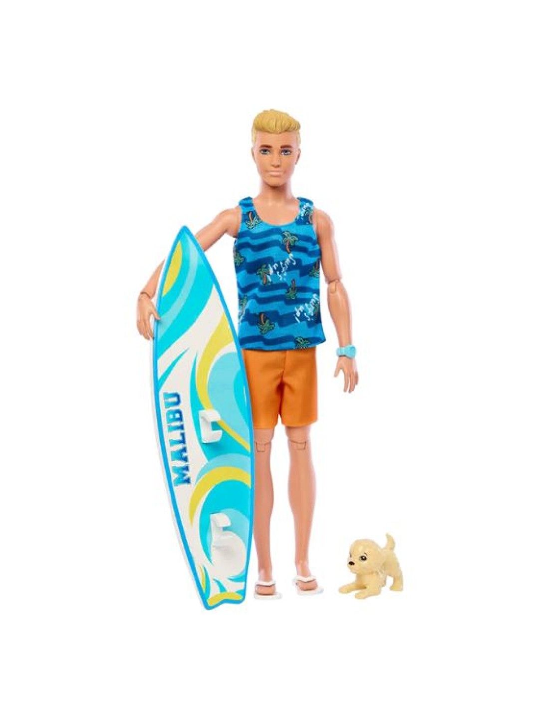 Barbie Poseable Blonde Ken Beach Doll with Surfboard and Pet Puppy (No Color- Image 1)
