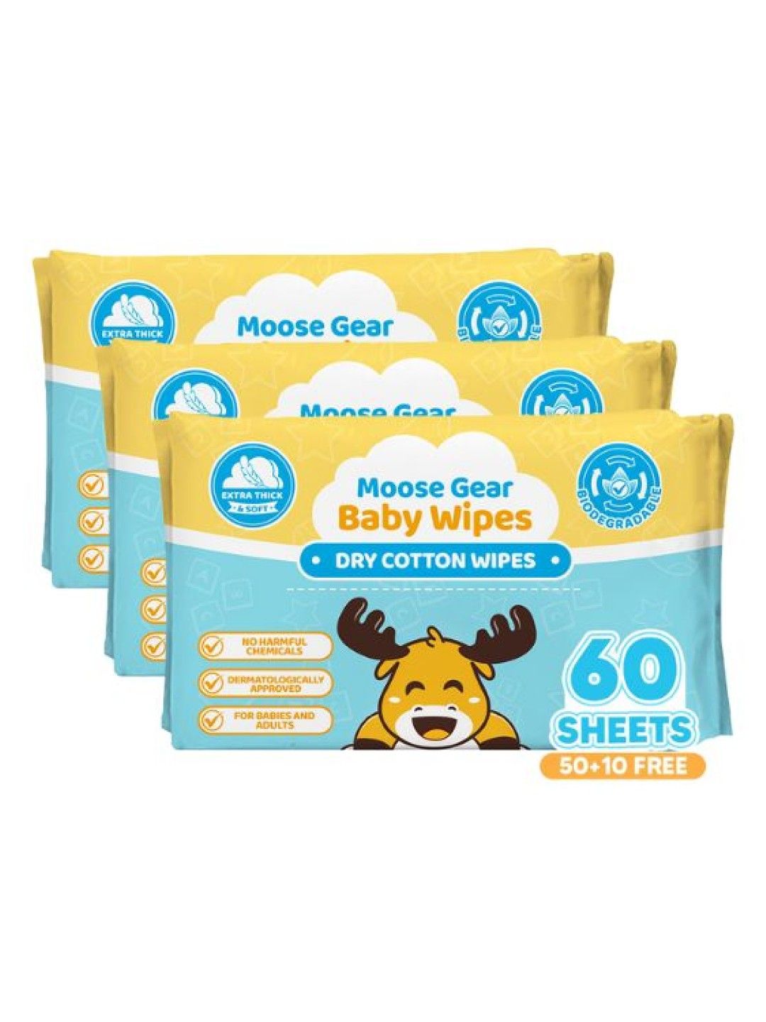 Moose Gear Baby Pure Dry Cotton Cleansing Wipes for Babies and Adults 60’s x 3 (No Color- Image 1)