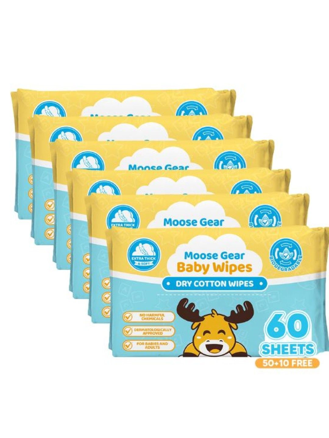 Moose Gear Baby Pure Dry Cotton Cleansing Wipes for Babies and Adults 60’s x 6