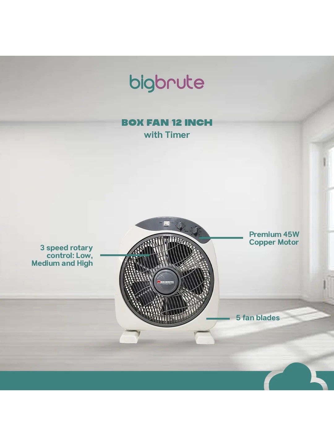 Big Brute Box Fan 12 Inch With Timer (White Grey- Image 2)