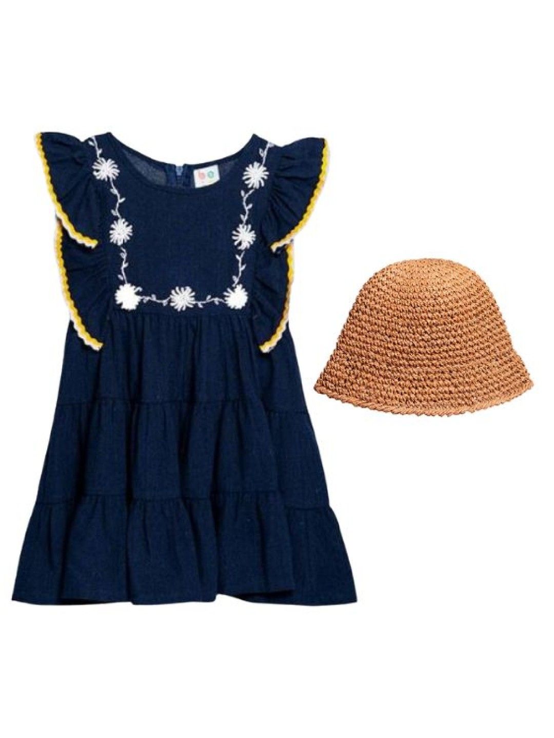 bean fashion Floral Flair Camia Ricrac Sleeve Embroidered Tiered Dress and Hat (Navy- Image 1)