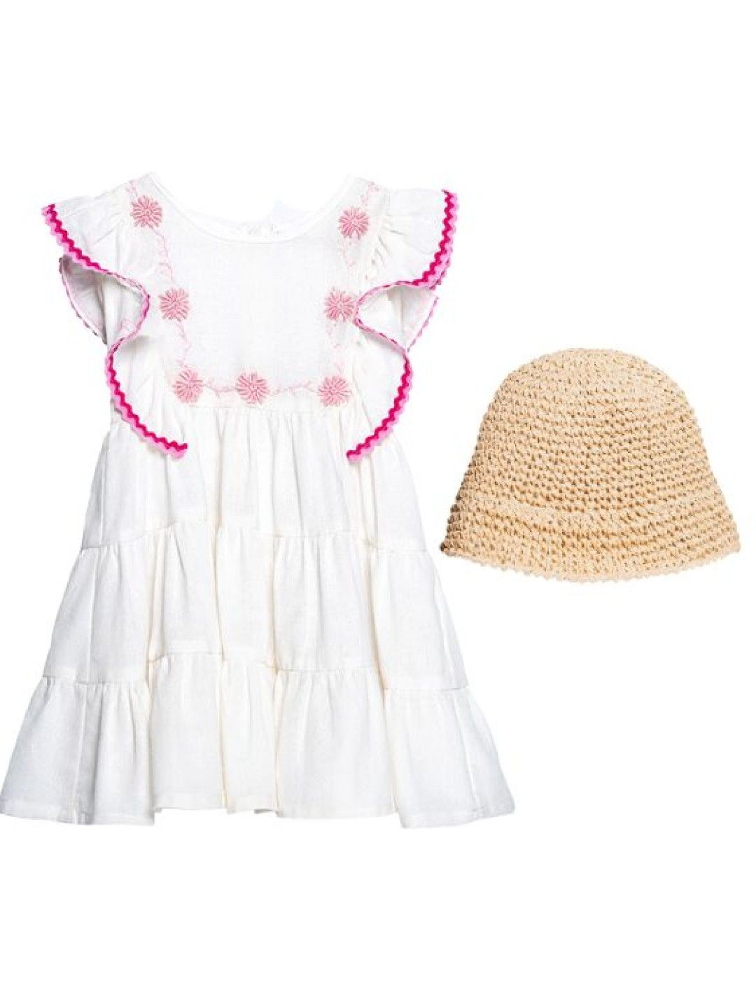 bean fashion Floral Flair Camia Ricrac Sleeve Embroidered Tiered Dress and Hat (White- Image 1)