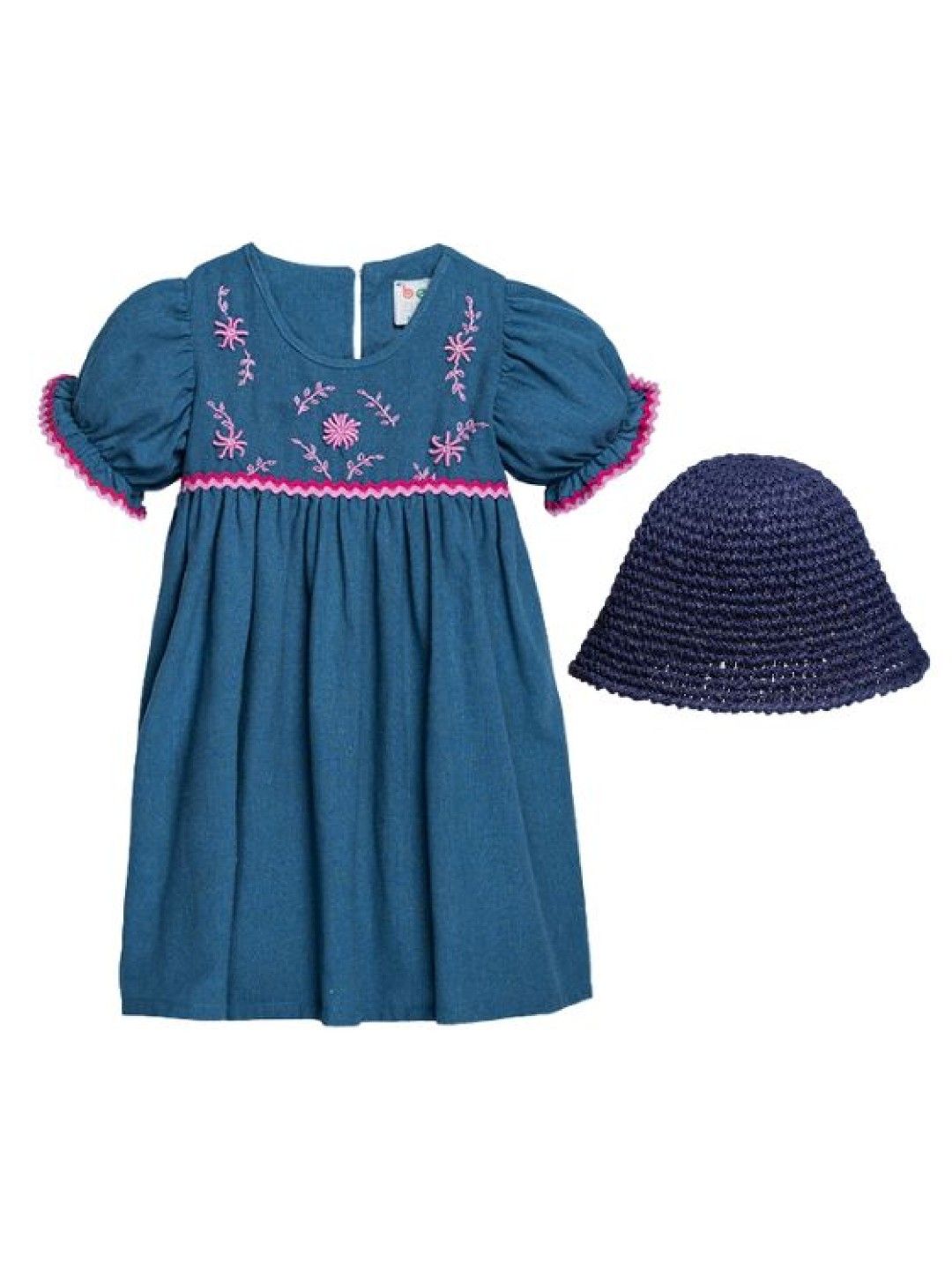 bean fashion Floral Flair Mela Ricrac Puff Sleeve Embroidered Dress with Hat