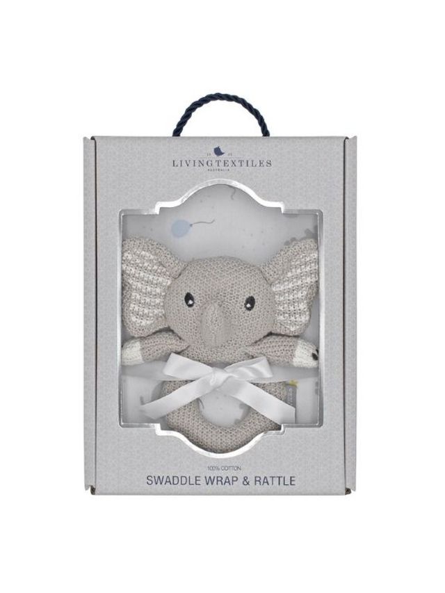 Living Textiles Jersey Swaddle & Rattle Gift Set - Mason/Elephant