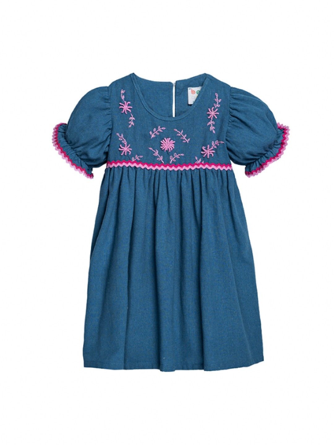 bean fashion Floral Flair Mela Ricrac Puff Sleeve Embroidered Dress (Dusty Blue- Image 1)