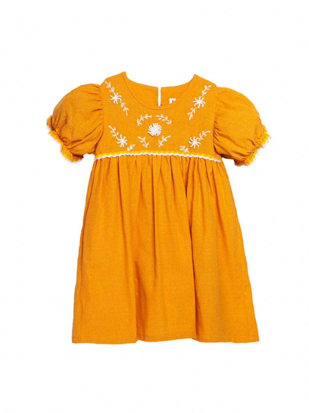 bean fashion Floral Flair Mela Ricrac Puff Sleeve Embroidered Dress (Yellow- Image 1)