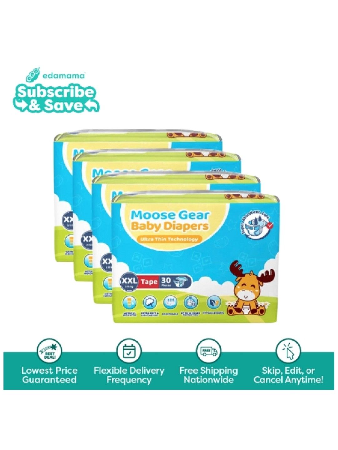 Moose Gear Baby Tape Diapers XXL - 4 packs (120 pcs) - Subscription (No Color- Image 1)