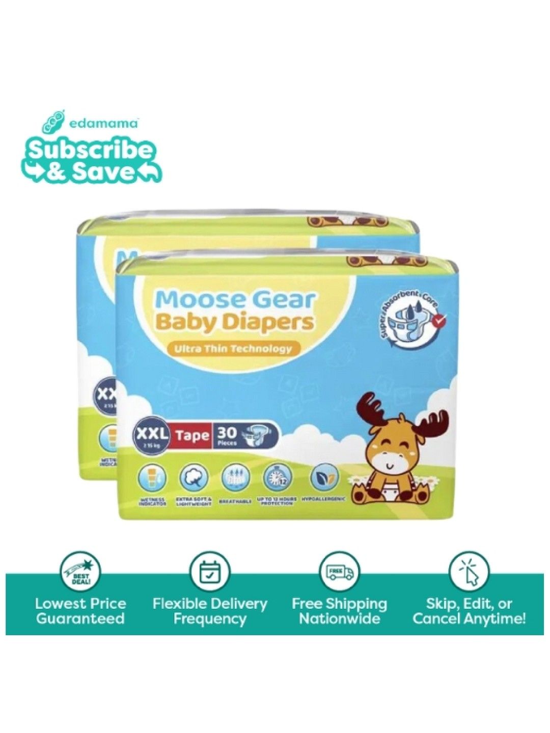 Moose Gear Baby Tape Diapers XXL 2-Pack (60 pcs) - Subscription (No Color- Image 1)