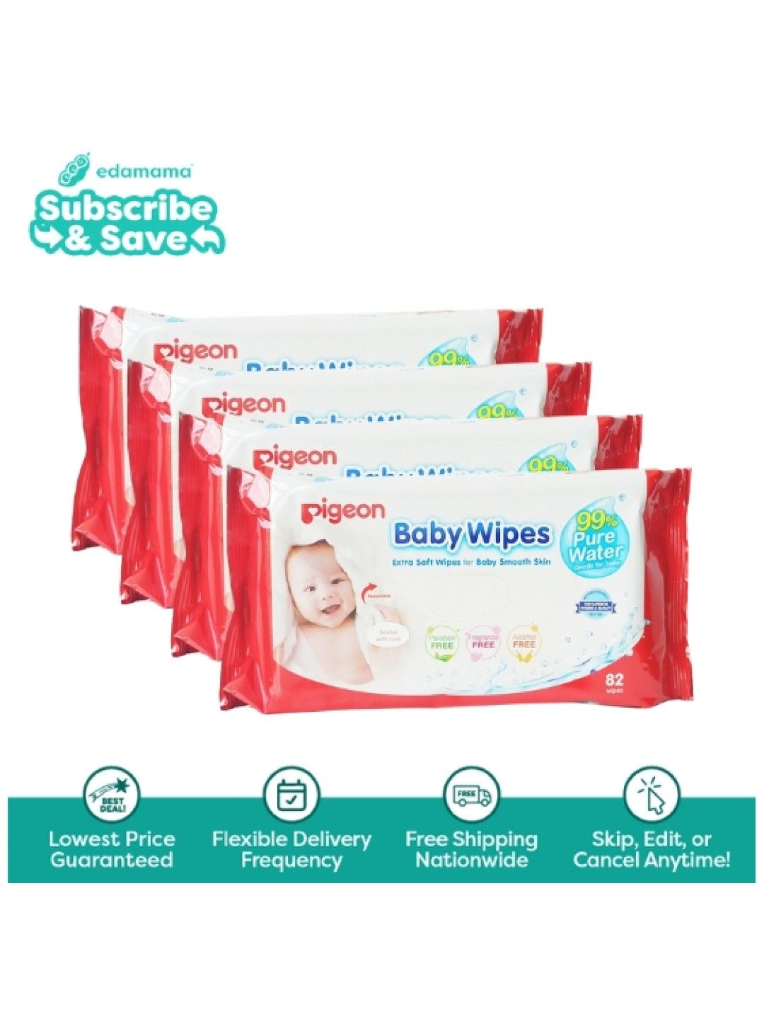 Pigeon [Bundle of 4] Baby Wipes 80s Water Base Refill (PIC) - Subscription (No Color- Image 1)