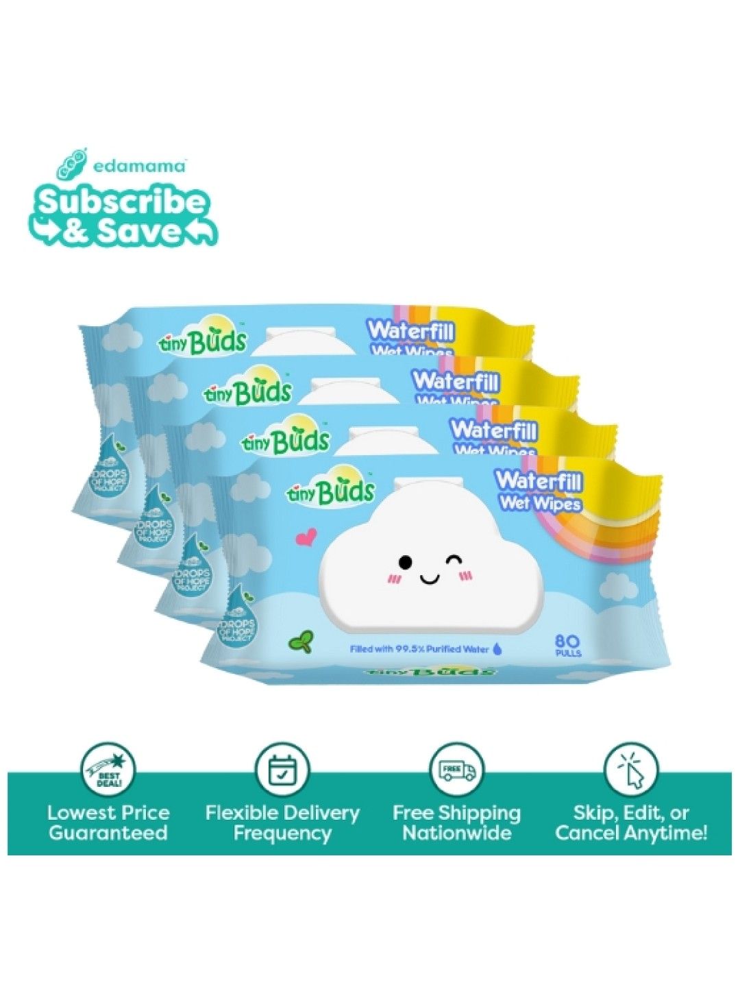 Tiny Buds [Bundle of 4] Waterfill Wet Wipes (80 Pulls) - Subscription (No Color- Image 1)