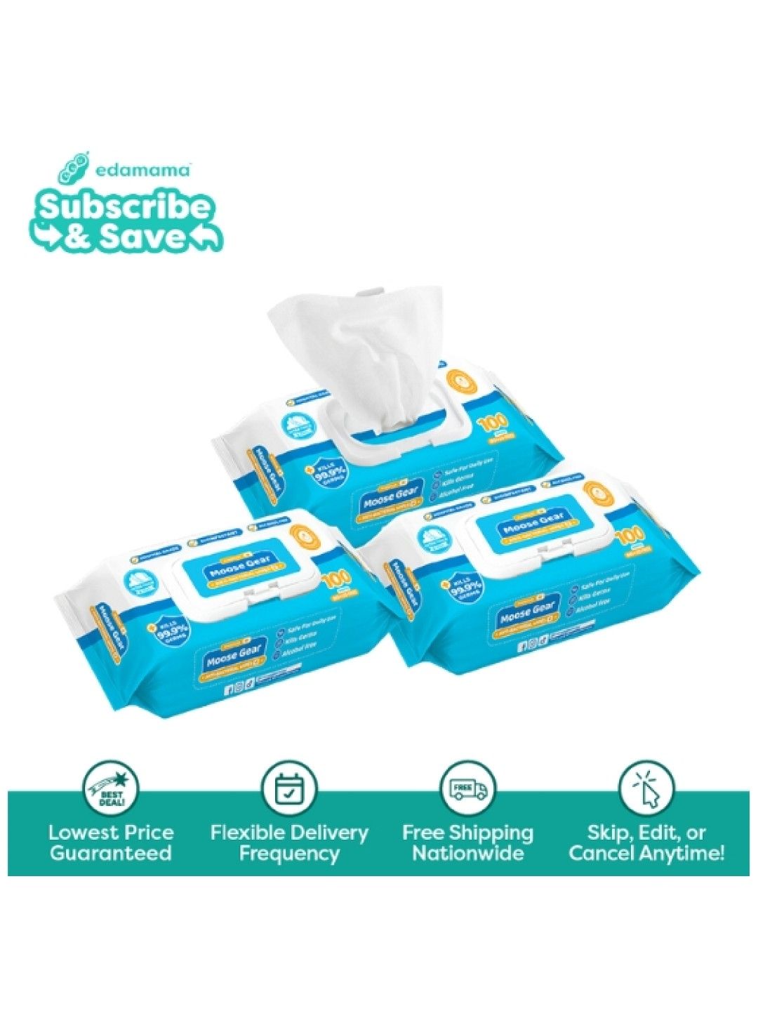 Moose Gear Baby Baby Wipes - Antibacterial 100s x 3 Pack - Subscription (No Color- Image 1)