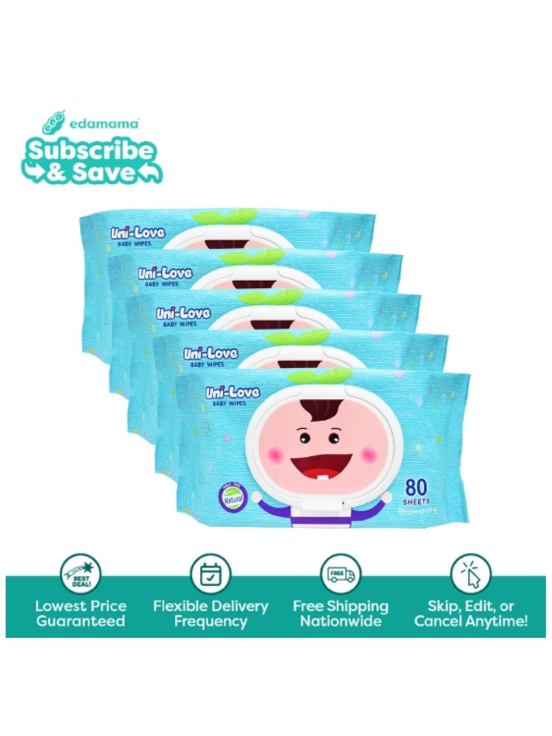 Uni-love Unscented Baby Wipes 80's (5-Pack) - Subscription (No Color- Image 1)