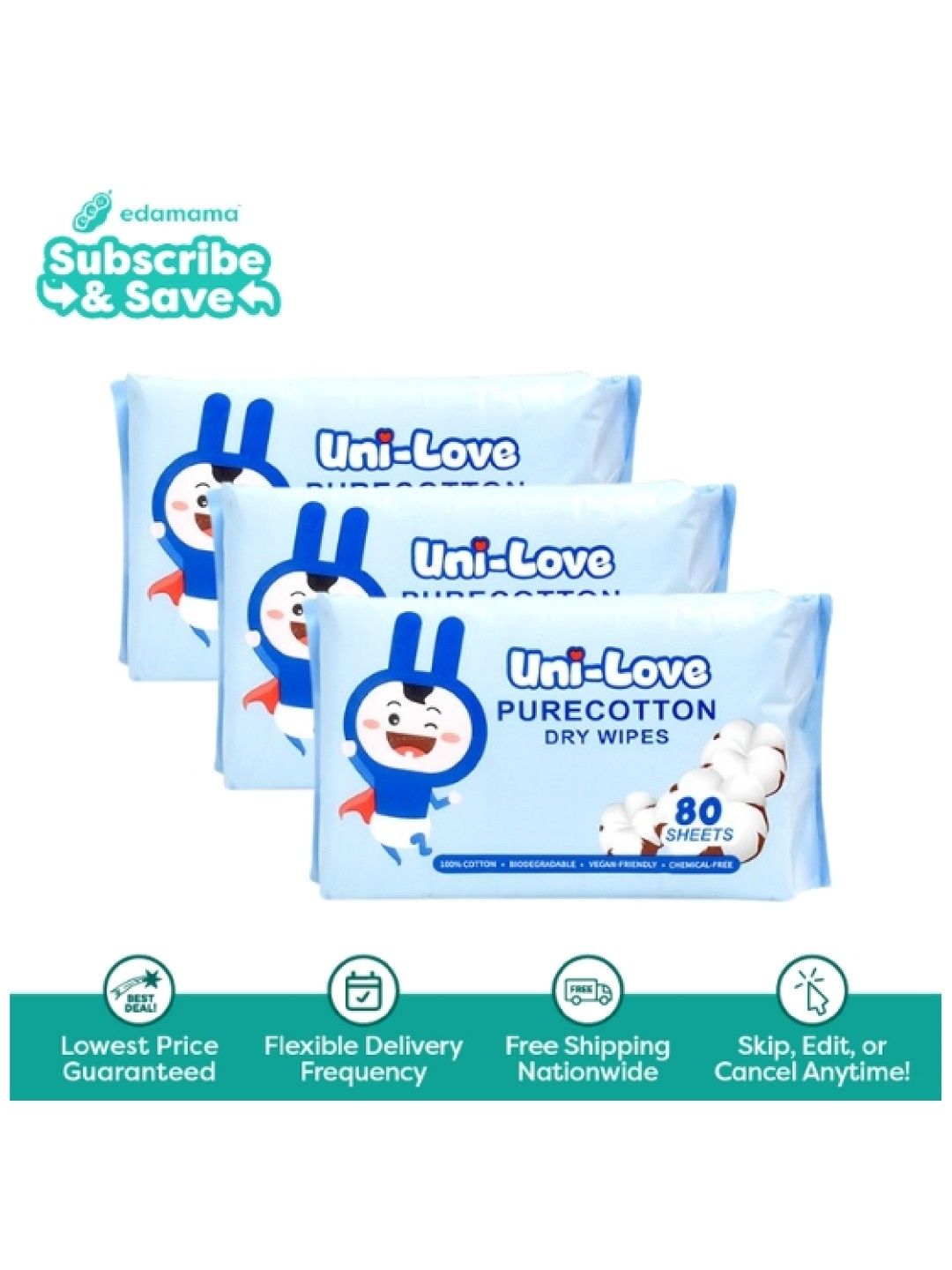 Uni-love Purecotton Dry Wipes 80's (3-Pack) - Subscription (No Color- Image 1)