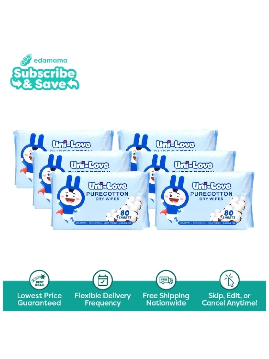 Uni-love Purecotton Dry Wipes 80's (6-pack) - Subscription (No Color- Image 1)