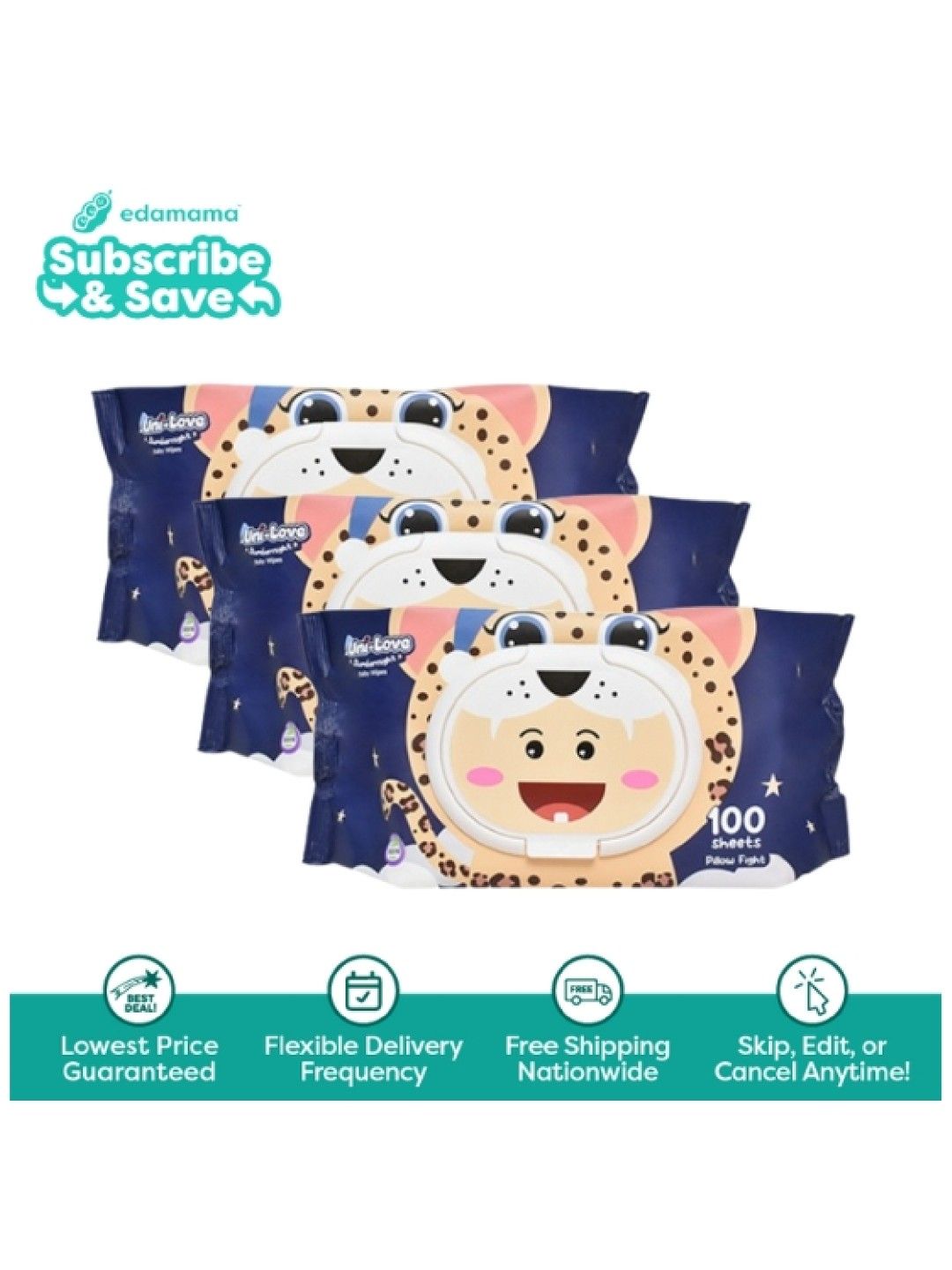 Uni-love [Bundle of 3] Slumbernight Baby Wipes (Pillow Fight) 100's - Subscription (No Color- Image 1)