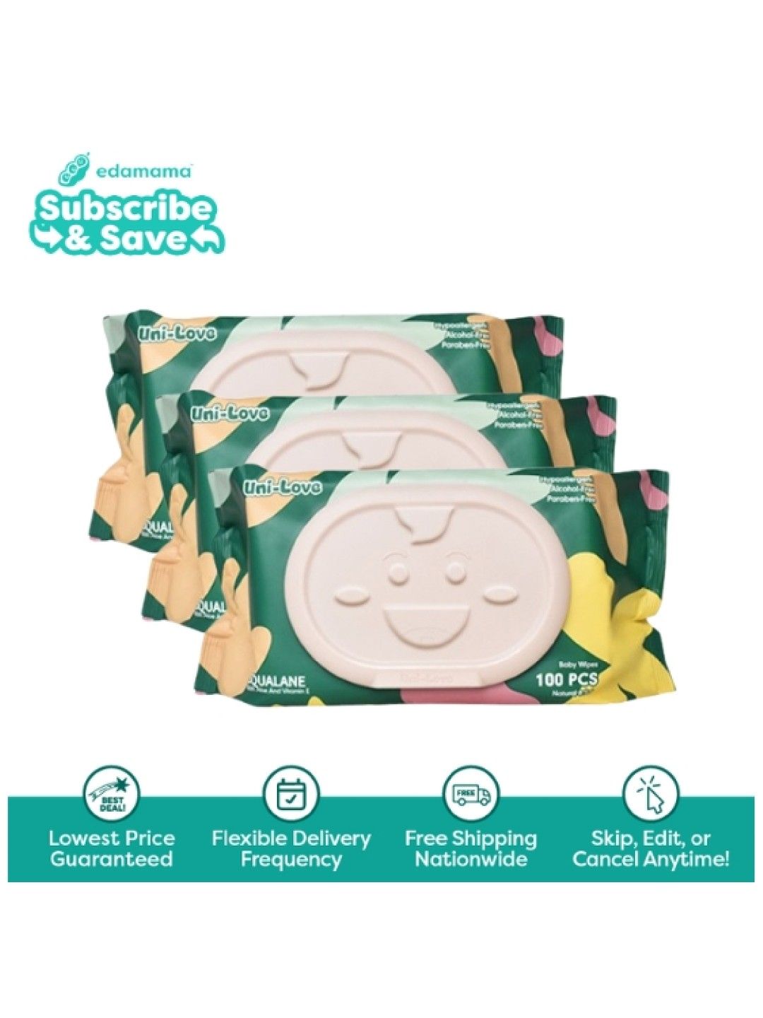 Uni-love Squalane Wipes (100's) x 3-Pack - Subscription (No Color- Image 1)