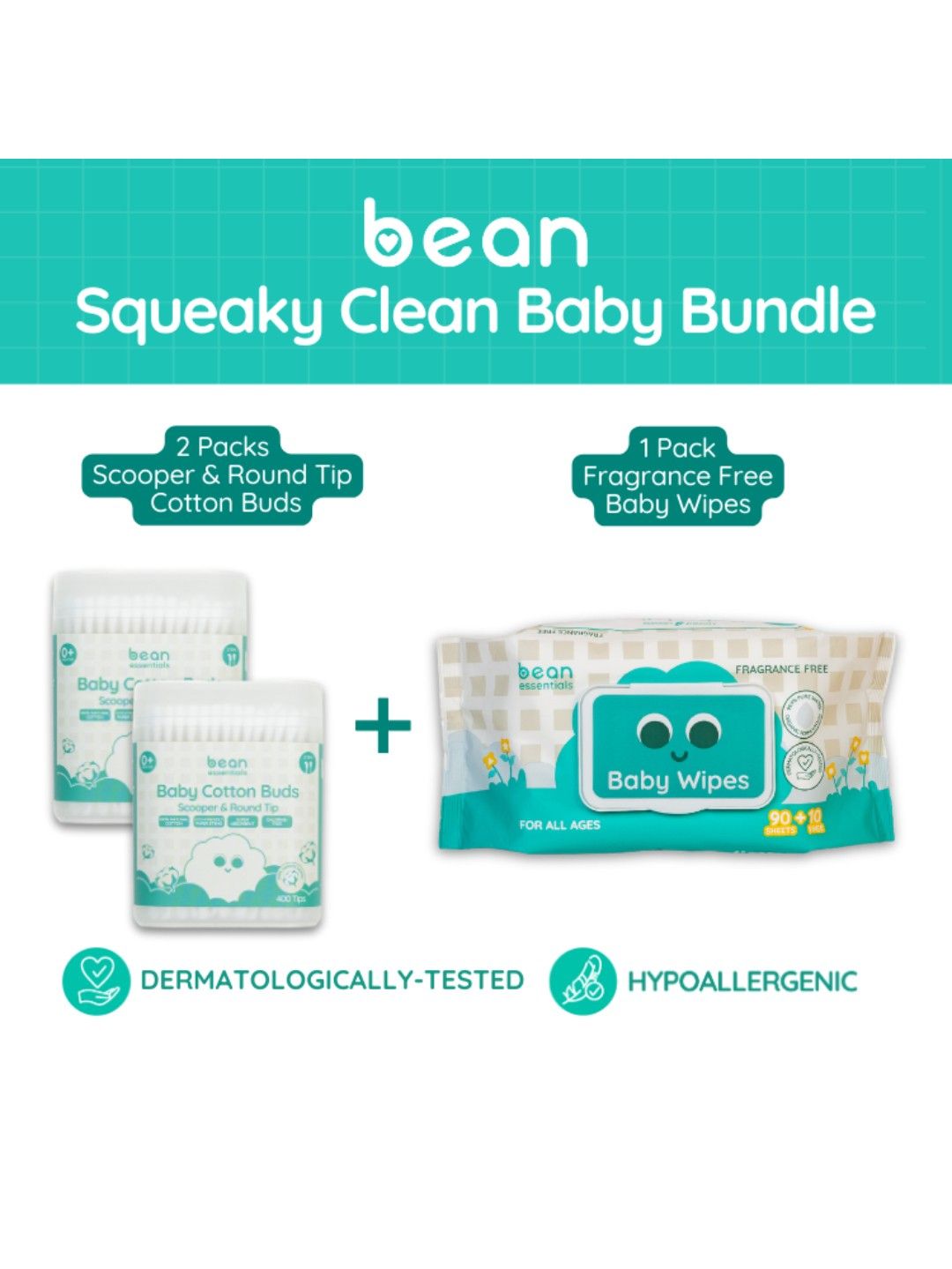 bean essentials [Bundle of 2] Scooper & Round Cotton Buds (400 tips) + Baby Wipes Fragrance Free