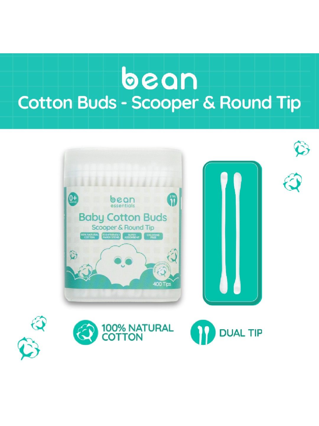 bean essentials Scooper & Round Baby Cotton Buds (400 tips)