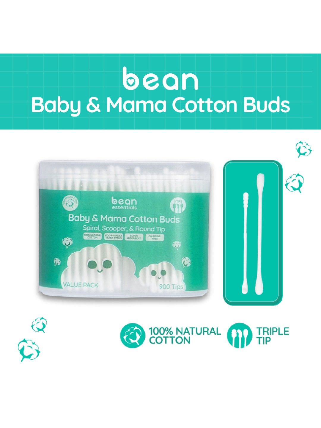 bean essentials Family Value Pack (Scooper + Spiral + Round) Cotton buds (900 tips) (No Color- Image 1)