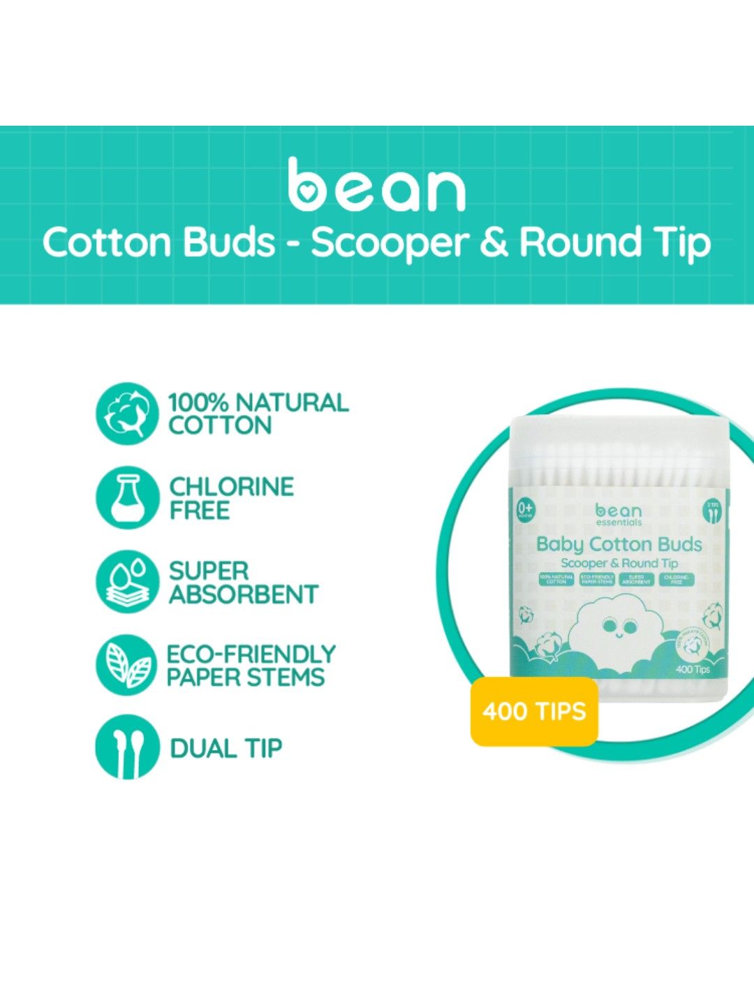 bean essentials [Bundle of 2] Scooper & Round Cotton Buds (400 tips) + Baby Wipes Fragrance Free (No Color- Image 2)