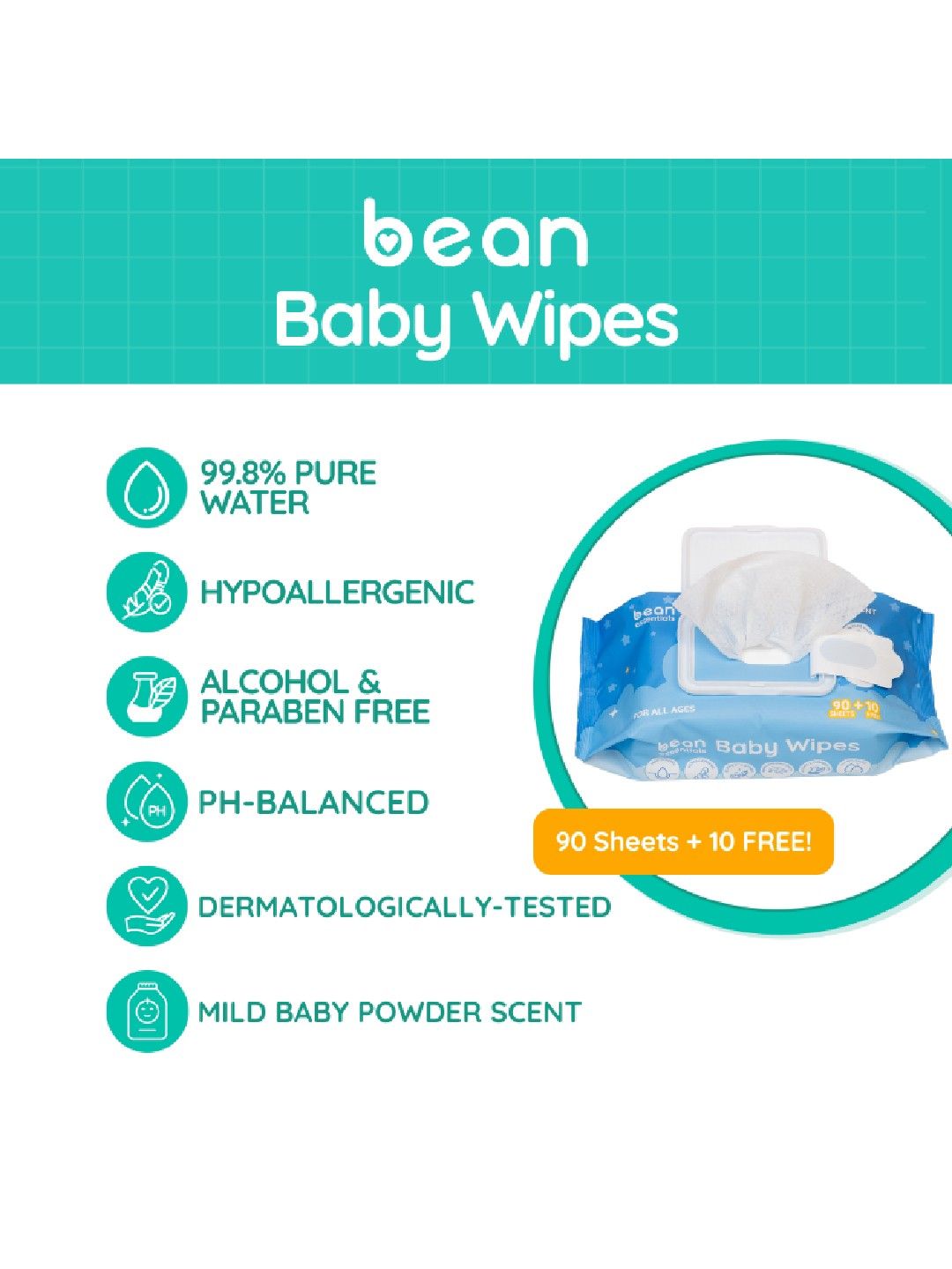 bean essentials Baby Wipes Powder Scent 100 sheets (No Color- Image 2)