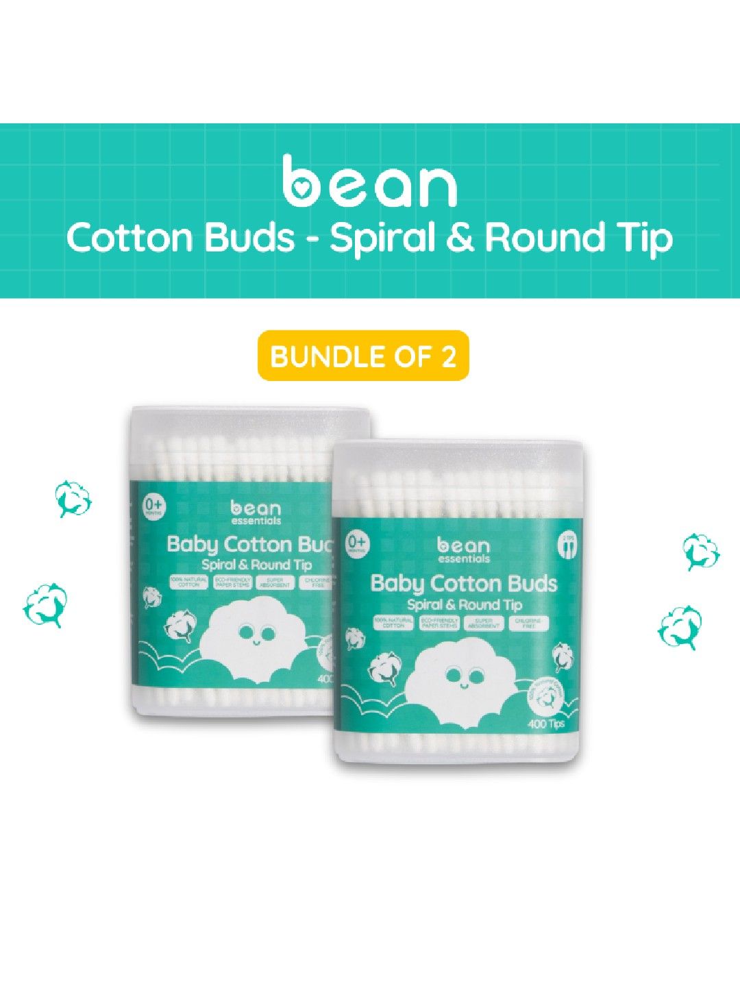 bean essentials [Bundle of 2] Spiral & Round Cotton Buds (400 tips) x 2