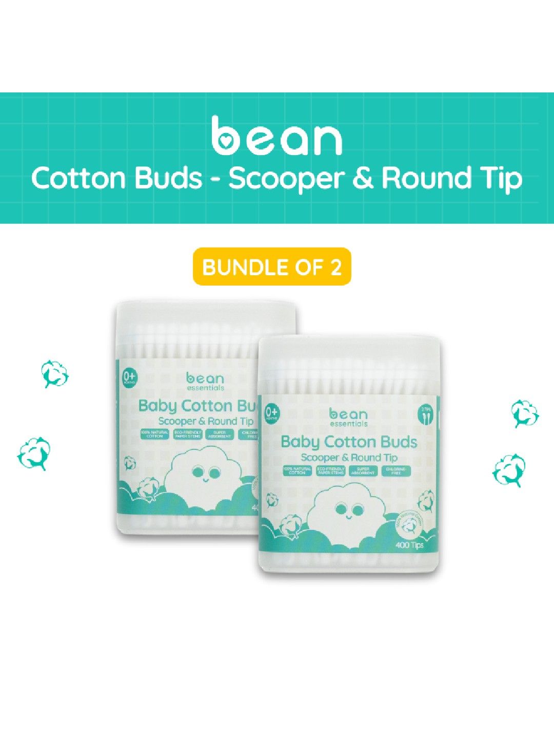 bean essentials [Bundle of 2] Scooper & Round Cotton Buds (400 tips) x 2