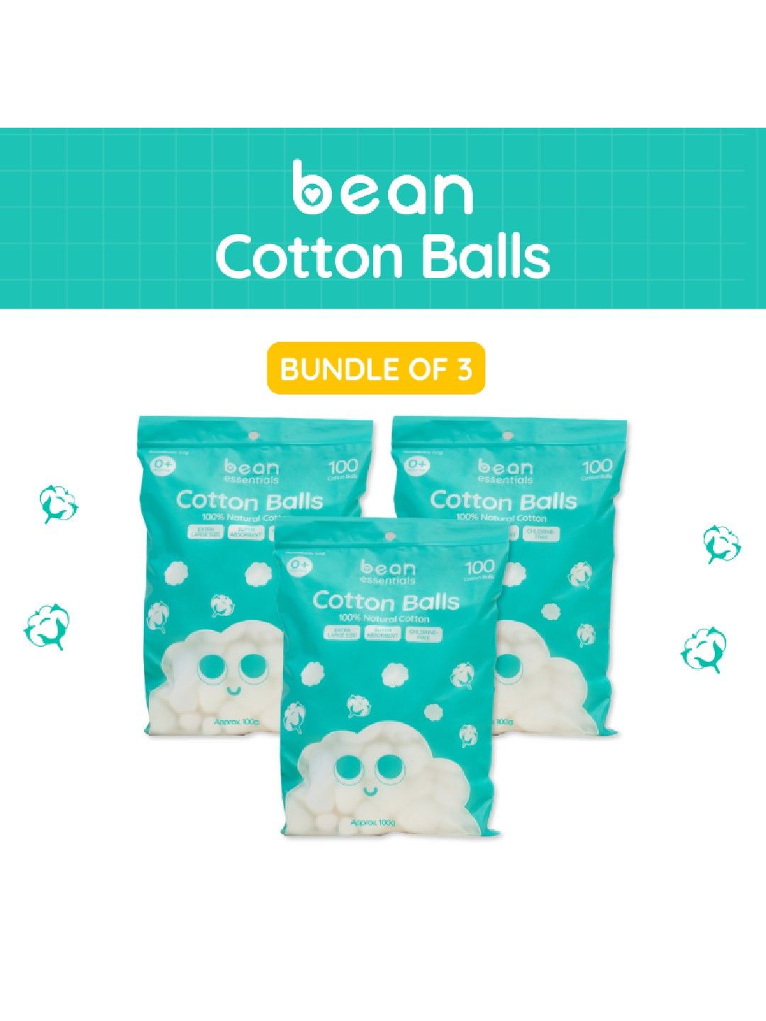 bean essentials [Bundle of 3] Baby Cotton Balls 100g (100s) x 3