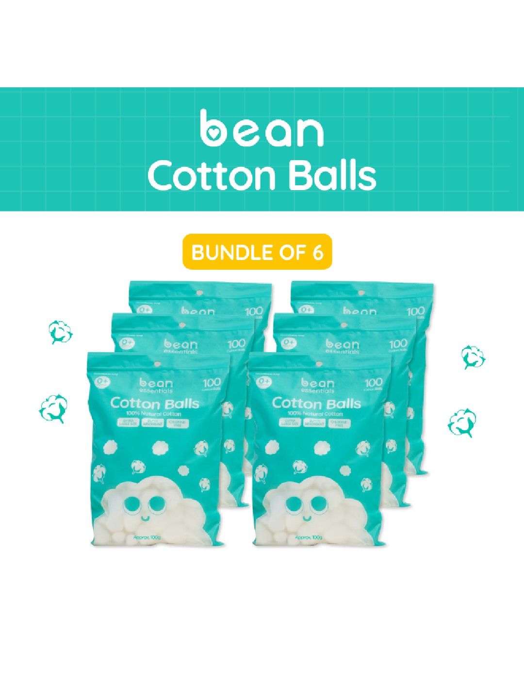 bean essentials [Bundle of 6] Baby Cotton Balls 100g (100s) x 6